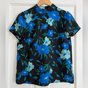 J.Crew Floral Mock Neck Top Blue Black Puff Sleeve Cottagecore Chic Blouse XS